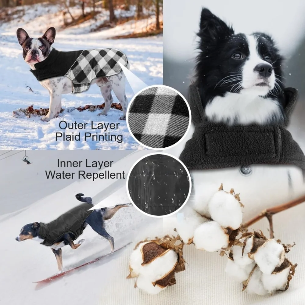 Fragralley Dog Black White Plaid Reversible Fall Winter Coat Harness Hole Size S